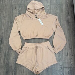 For love and lemons Tan Cropped Hoodie and Shorts Set